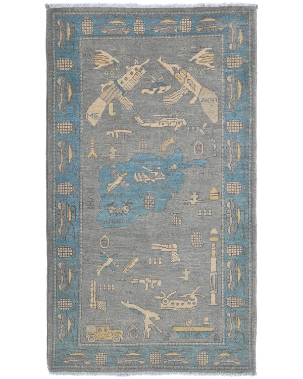 3x5 Gray Kuba Afghan Hand Knotted Wool Area Rug